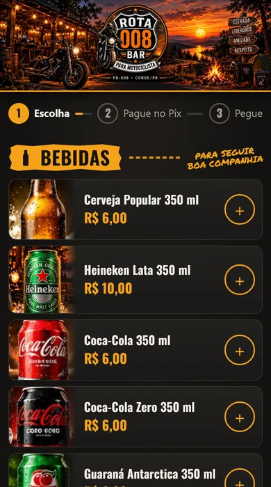 Tela real do cardápio no celular, com as etapas escolha, pague no Pix e pegue